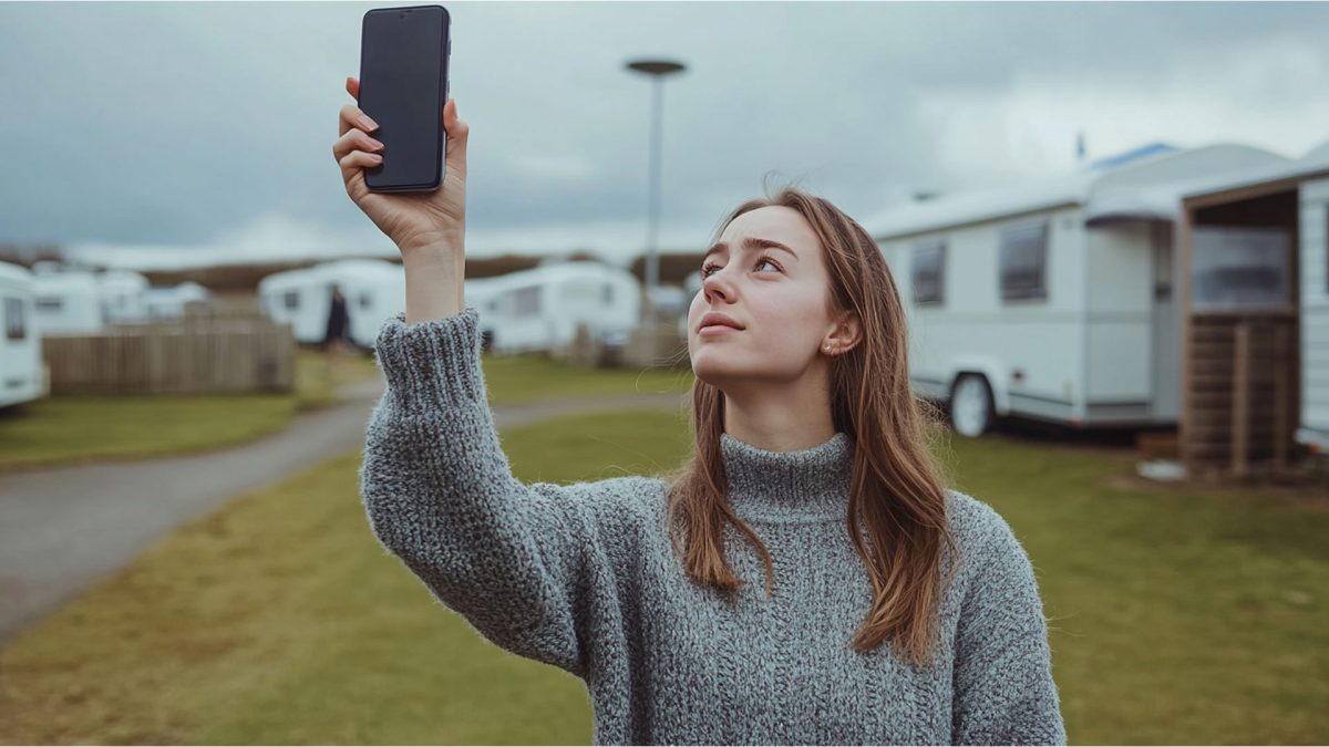 A girl in a holiday park looking frustrated at her phone